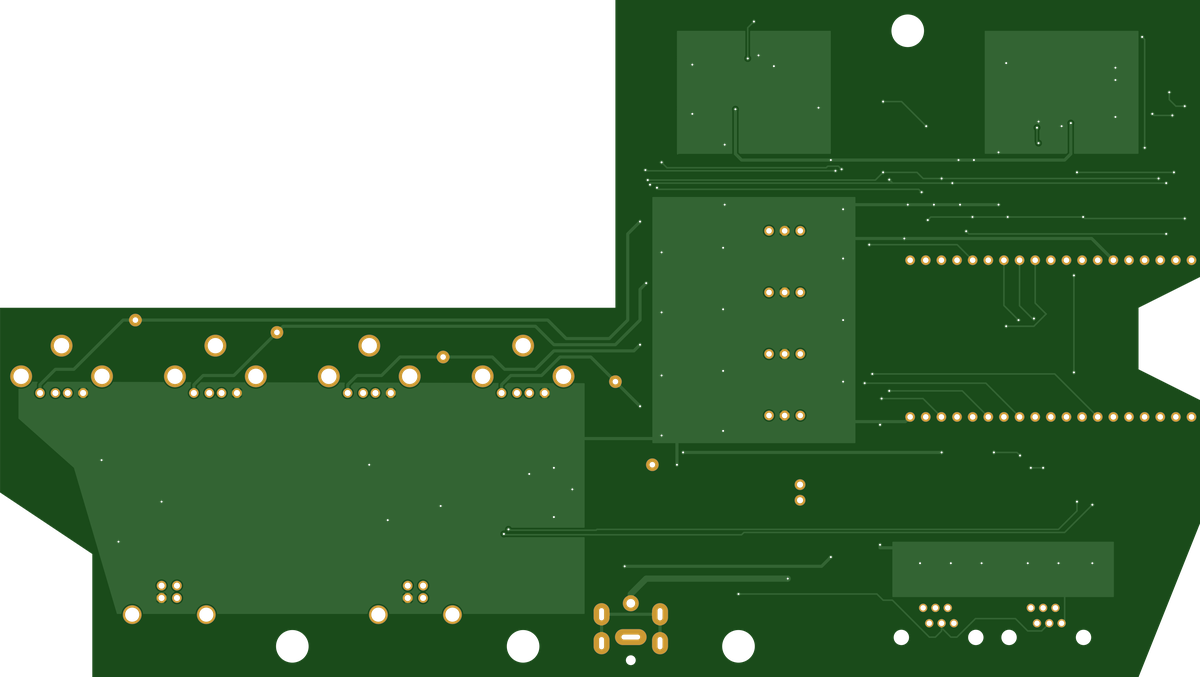 Underside render of an assembled circuit board showing solder pads and routing