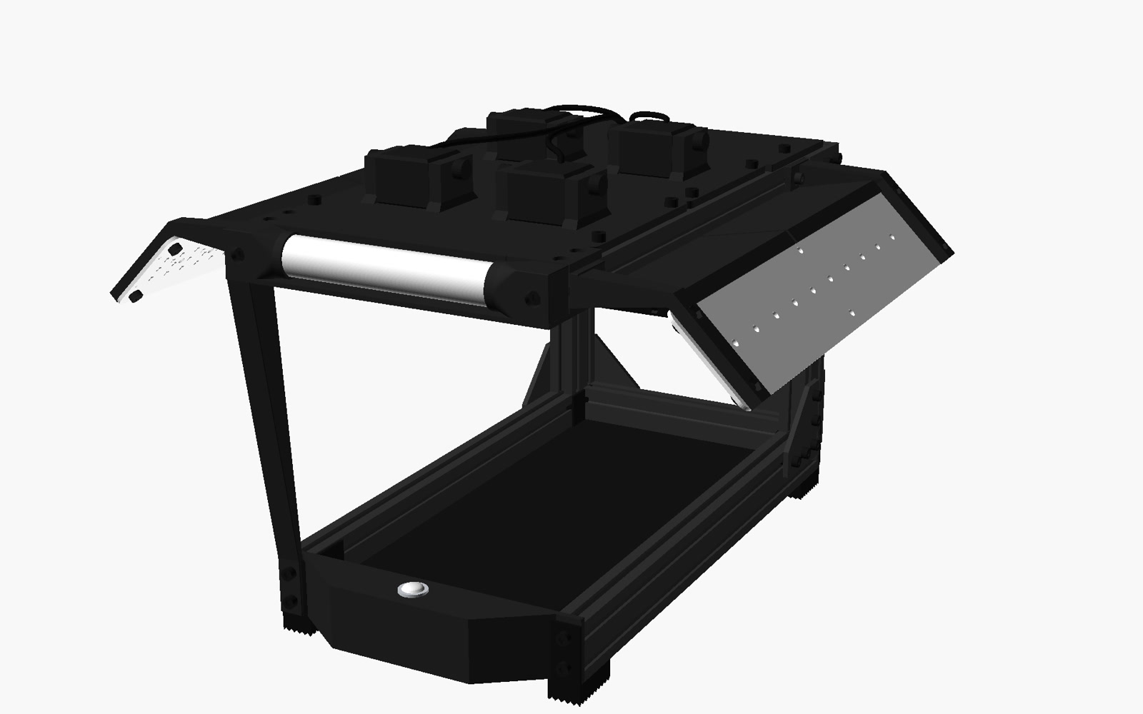 The PCB Guard inspection station: a black aluminium extrusion frame with four downward-facing cameras across the top deck, LED illumination bars angled in from both sides, and a lit status strip along the front edge above the board tray.